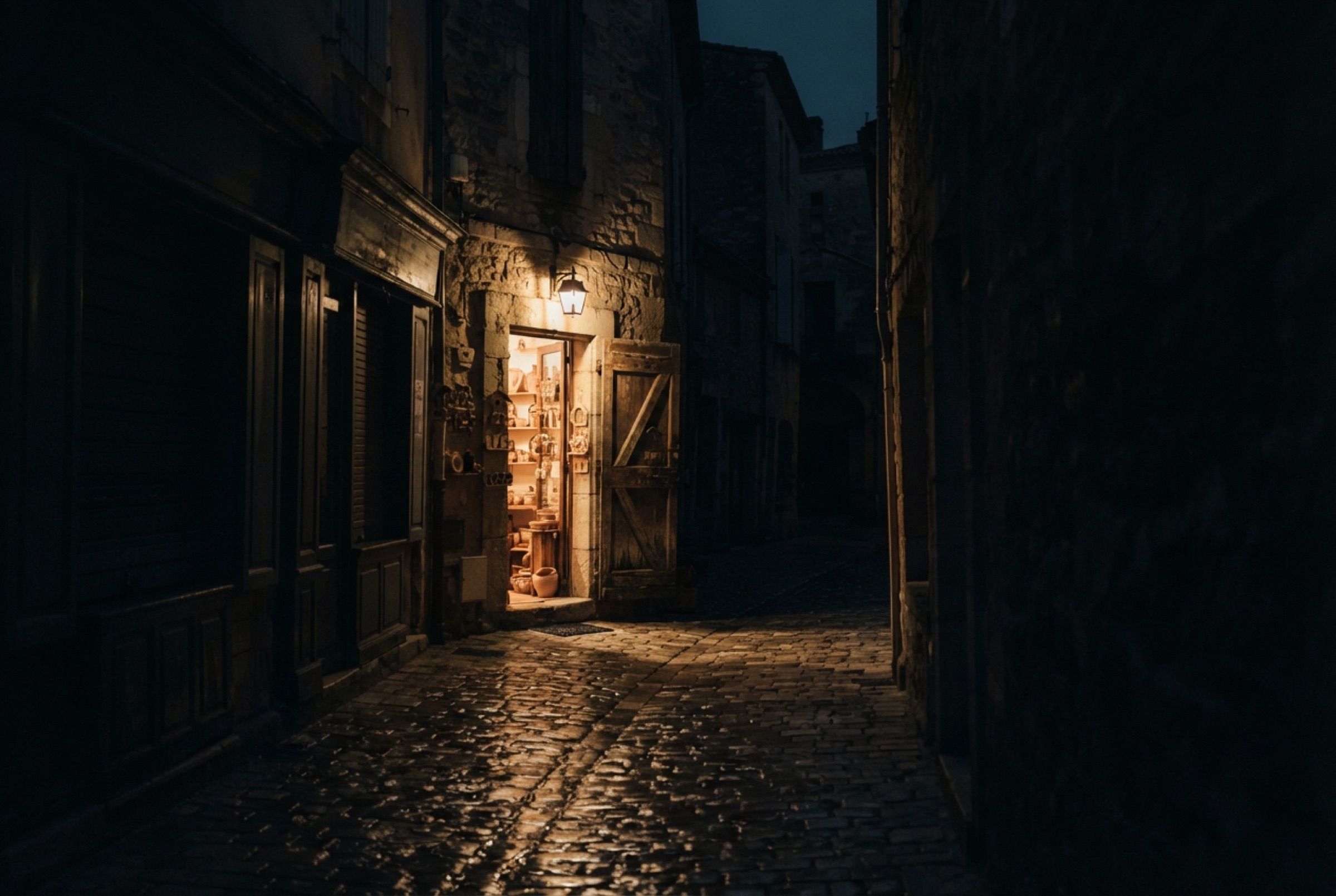 Rua estreita de pedra à noite, com as lojas fechadas no escuro e uma única porta de madeira aberta, de onde sai uma luz quente sobre o calçamento molhado.