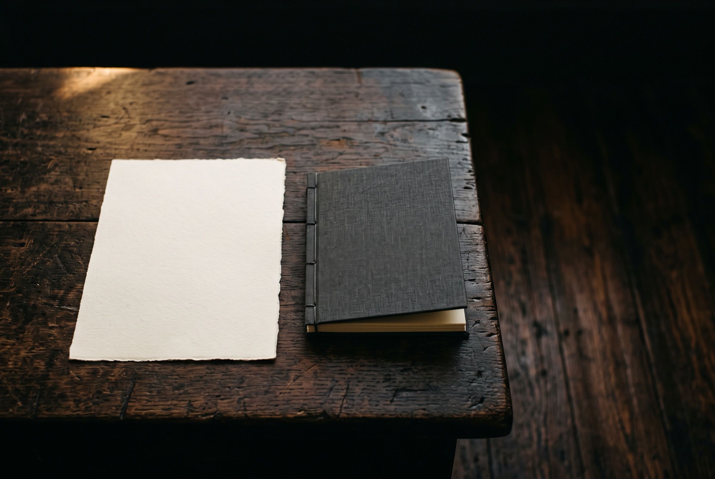 Uma folha de papel em branco ao lado de um livreto de capa escura, sobre uma mesa de madeira gasta iluminada por uma luz quente.